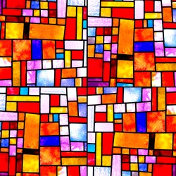 Image of a multicolored stained glass window with irregular random block pattern, square format