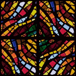 Stock photo - warm toned colorful stained glass church window in a kaleidoscope-like arrangement, square orientation
