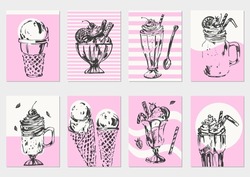 Hand drawn sweet dessert ink sketch set on pink stripes and waves with ice cream, cocktail, milk shake, coffee drink, waffles, cookies. For cafe menu design, food and drink background, poster.