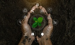 ESG icon concept in the woman hand for environmental, social, and governance by using technology of renewable resources to reduce pollution and carbon emission . 