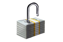 Financial freedom concept. Padlock on stacks of 100 US Dollar bill on White background, Clipping path included