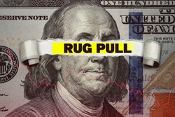Torn bills revealing Rug Pull words. Ideas for Cryptocurrency rug pulling investors, NFT project scams, Stablecoin loses its dollar peg, Scammer liquidating their token, News header or Banner online