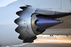 Commercial airplane high-bypass engine closeup