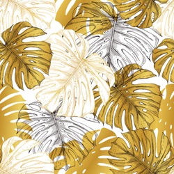 Thickets from a monstera plant. Image of golden and white leaves. Tropics, island, nature. Seamless pattern.