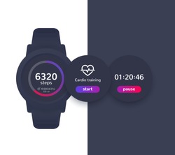 Smart watch with fitness app, activity tracker, timer, step counter, ui design