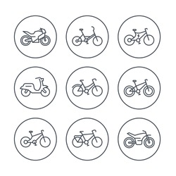 Bikes line icons, bicycle, cycling, motorcycle, motorbike, scooter, electric bike, isolated icons, vector illustration
