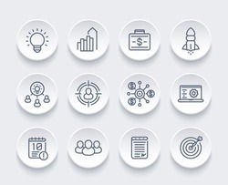 startup, funding, initial capital, contract, ipo, target audience line icons set