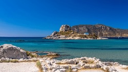 Beautiful afternoon at the Agios Stefanos beach in kos island, greece
