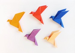 Five multi color Origami Birds are flying leading by an orange bird, isolated on white.
