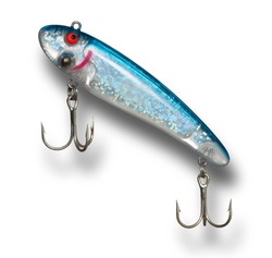 Large crankbait that is transluscent for fishing with blue and white coloration and two treble hooks