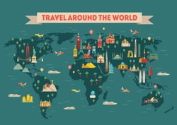 World travel map poster. Travel and tourism background. Vector illustration