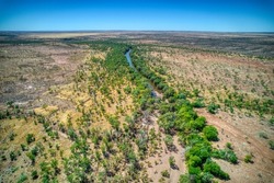 Aerial view over the Victoria River at Kalkaringi, Northern Territory, Australia. August 2022.