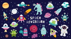 Space adventure cartoon set – Astronaut, Aliens, Spacecraft, Flying saucers, Planets on space background.  Vector illustration.