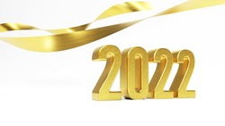 Happy New 2022 Year. Holiday  golden metallic 3d numbers 2022