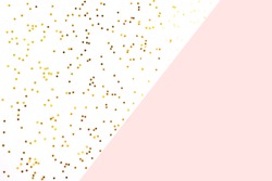 White and pink combination background. Decorated with gold star shaped confetti.  Holiday, festive and New Year concept. Copy space for text.