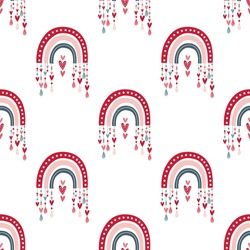 seamless pattern Valentine's day in boho style. Bohemian romantic pattern happy Valentine day. Boho rainbow, heart and flowers. Vector
