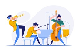 Group of musicians playing classical instruments. Concept persons, men playing the piano, trumpet and cello. Vector illustration.