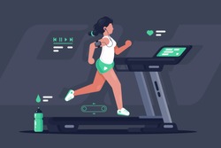 Flat silhouette young woman running on treadmill. Concept modern sport girl, equipment, sports water bottle. Vector illustration.