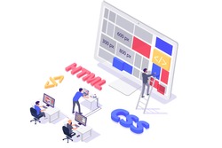 Isometric 3d teamwork building and do layout new modern site. Concept man programmer characters with online web html, css, workplace. Low poly. Vector illustration.