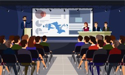 Business conference flat vector illustration. Speaker on stage and audience cartoon characters. Scientific presentation, academic symposium, professional briefing. University lecture, college faculty