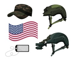 Military head ware, usa flag, silver metal badge for soldier identity isolated set isolated on white background. Cap, protective helmet without and with night vision device. Vector illustration