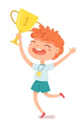 Kid winning gold medal and trophy cup at competition. Happy boy holding prize in hand. School achievement and success vector illustration. First place winner on white background.