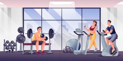 People exercising in fitness gym. Room with sport equipment for workouts vector illustration. Woman and men training on treadmill, bike, lifting dumbbells. Healthy lifestyle.