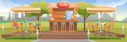 Summer cafe with terrace outdoor background scene. Restaurant outside with tables under umbrellas, chairs, bar counter with fridge and menu vector illustration. Horizontal panorama.