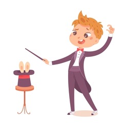 Kid magician and magic circus show vector illustration. Cartoon boy wizard illusionist conjuring tricks with rabbit bunny in hat cylinder, holding wand in hand to conjure
