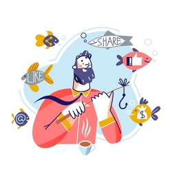 Effective smm expert working with audience vector illustration. Cartoon funny man fishing with rod for fishes, catching users likes in social media, sales and money. Promotion campaign concept