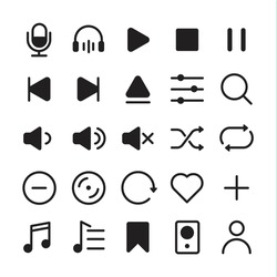  Music app icons set, multimedia icon set including play, sound, repeat, shuffle, mark, playlist earphone.
