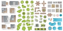 Architectural and Landscape elements, top view. Collection of houses, plants, garden, trees, swimming pools, outdoor wooden furniture, tile. Flat vector. Kit of Tables, benches, chair. View from above