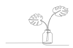 One line drawing of House plant monstera in vase. Continuous line handdrawn of Beautiful ome flower Isolated. Minimalist Vector illustration of plant. Editable stroke