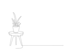 One line drawing of House plant flower in pot on table. Continuous line handdrawn of furniture and flower, plant in vase. Minimalist Vector illustration of plant. Editable stroke