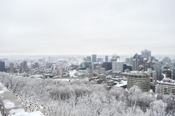 Montreal Skyline in snow, in winter, Canada
