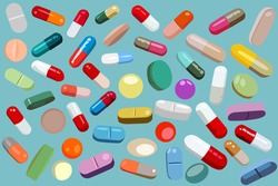 Wallpaper on a medical theme in the form of many pills and pills on a turquoise background. Vector illustration.