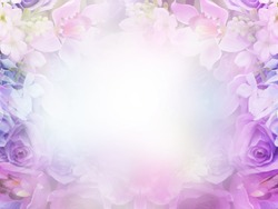 Floral abstract pastel background with copy space. Pink and violet flowers in soft style for wedding or valentine's day card.
