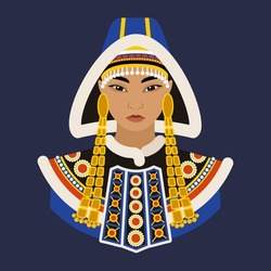 Avatar of a woman in warm national clothes and jewelry of Yakutia. National dress. Flat illustrations.