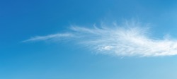 Angel wing shaped cloud against azure heaven. White cloud like a swan wing high in a blue sky. Translucent cirrus spindrift clouds high up. Purity and serenity concepts. Panoramic skyscape shot.