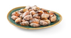 Frozen peeled mussels on an oval turquoise ceramic plate isolated on a white background. Iced mussel meat as ingredient of protein omega-3 healthy eating and tasty seafood recipes. Cooking shellfish.