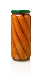 Frankfurters in glass jar isolated on a white background. Long sausages for bbq. Traditional boiled smoked bockwursts cutout. Full jar of preserved hot dogs. Fast food. Ready to eat. Front view.