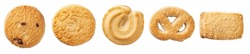 Set of danish butter cookies macro cutout. Five whole pretzel, round and rectangular shortbread biscuits with sugar isolated on a white background. Danish pastry and sweet food concept. Top view.