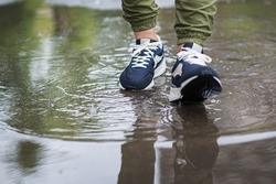 Legs in a puddle. Walk through the puddles. Rain. footwear. Sneakers.