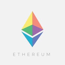 Сolored symbol sign logo of the virtual digital crypto currency Ethereum on a light background with text