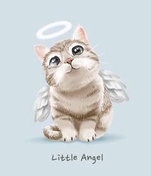 little angel slogan with cute angel cat illustration