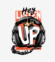 listen up slogan with headphone and gold crown illustration