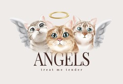angels slogan with cute cat angels vector illustratioin