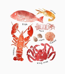 seafood watercolor art style vector illustration
