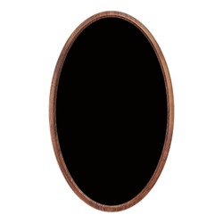Wooden frame. Blank oval wooden frame with white blank backing board on black background. Round empty frame. The layout of the sign. Bulletin board.