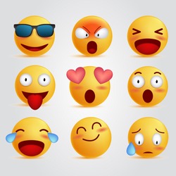 set 3d illustration emoticon unique face, realistic emoji cool expressions, social media reactions vector 